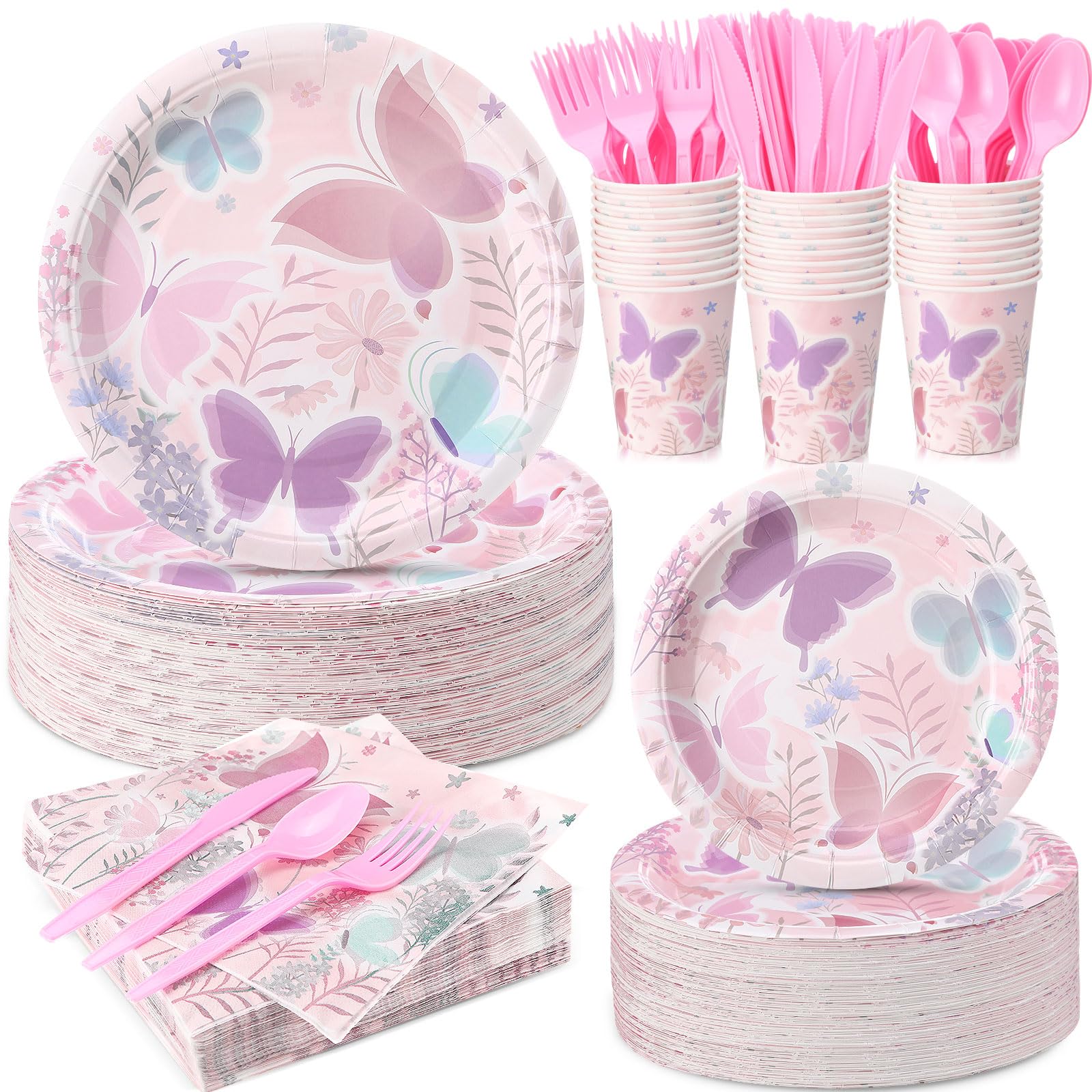 Photo 1 of Ziliny 350 Pcs Butterfly Party Supplies Tableware Set Disposable 9'' 7'' Paper Plates 9 oz Cups Cutlery Napkins Dinnerware Set for 1st Birthday, Serve 50 (Butterfly, Purple, Pink)