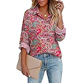 Zeagoo Button Down Shirts for Women Dressy Casual Floral Printed Collared Chiffon Blouse Long Sleeve Business Work Tops