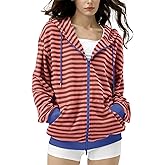 FAIABLE Striped Zip Up Hoodie Women Oversized Sweatshirt Hoodies Zipper Sweaters Pullover Cotton Vintage Preppy Shirt Outfits