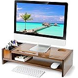 Bamboo Monitor Stand Riser, Traumode 2-Tier Desktop Screen Riser with Storage Design Cellphone Mount Tabletop Organizer for H