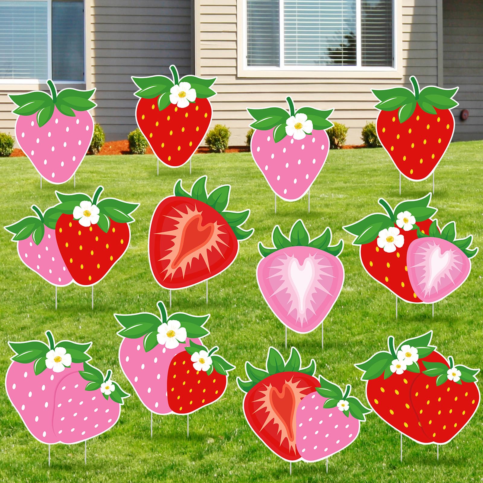 Photo 1 of Skyygemm 12 Pcs Strawberry Party Decoration Strawberry Yard Sign with Stakes Sweet One Birthday Party Decoration Lawn Signs for Birthday Summer Garden Yard Lawn Outdoor Home