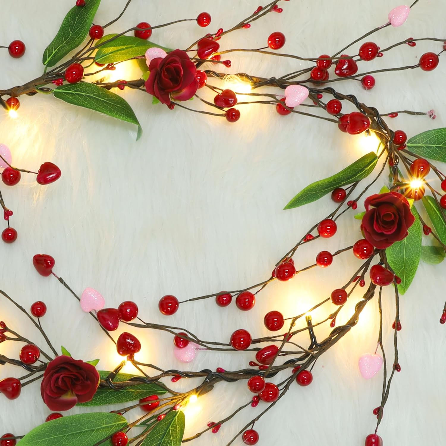 Wreaths, Garlands & Swags - DR.DUDU Valentines Day 6 Ft Garland with Lights, Twig Garland with Pink Heart Roses and Berry Valentines Decor for Home Mantel