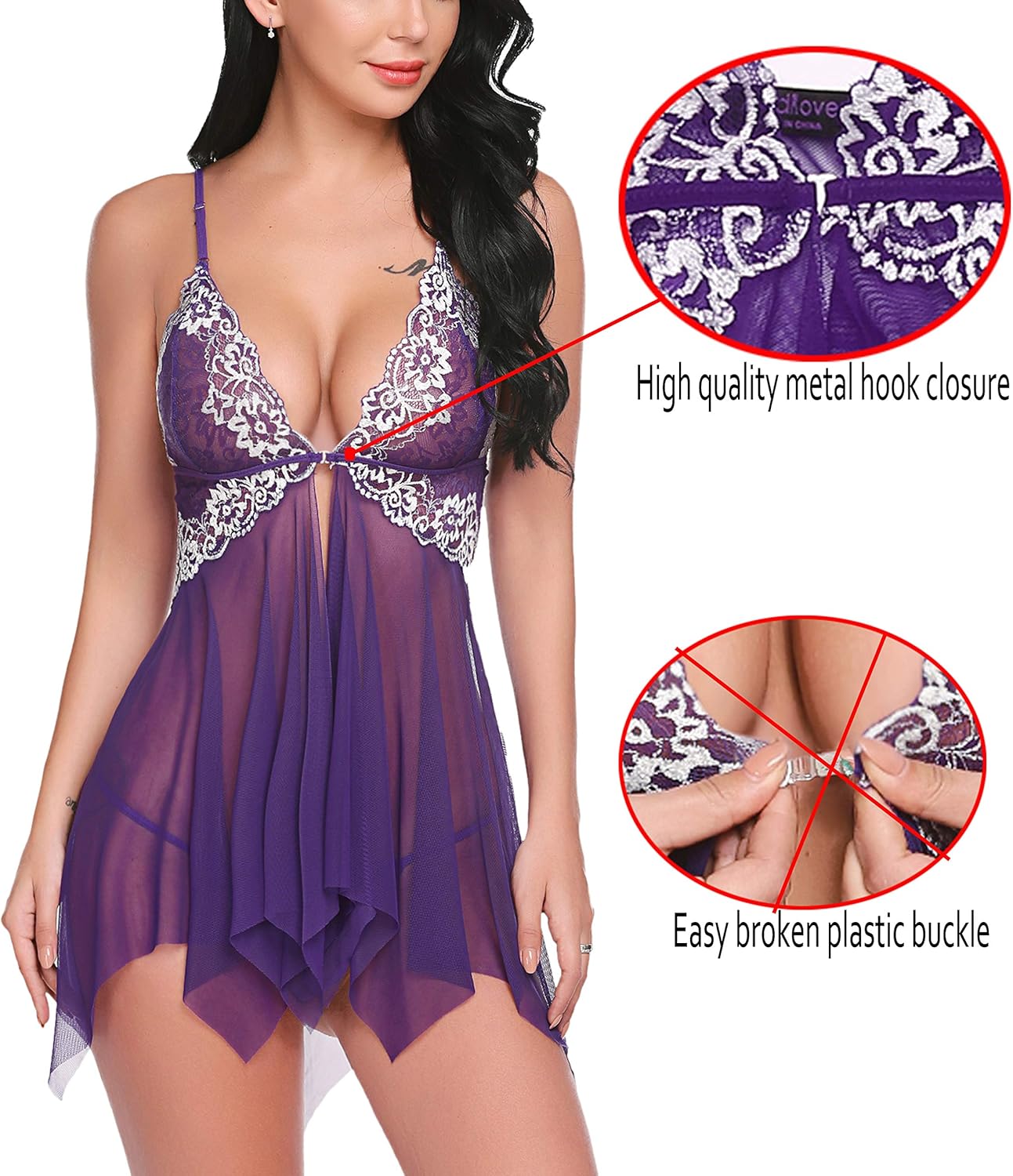 Avidlove Women Lace Lingerie Front Closure Babydoll V Neck Nightwear Sexy Chemise Nightie: Clothing