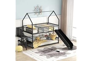 Favfurish Twin Over Twin-Size Metal Bunk Bed House-Shape-Bed with Slide and Staircase,No Box Spring Needed, Easy to Install, for Kids, Girls, Boys,Black
