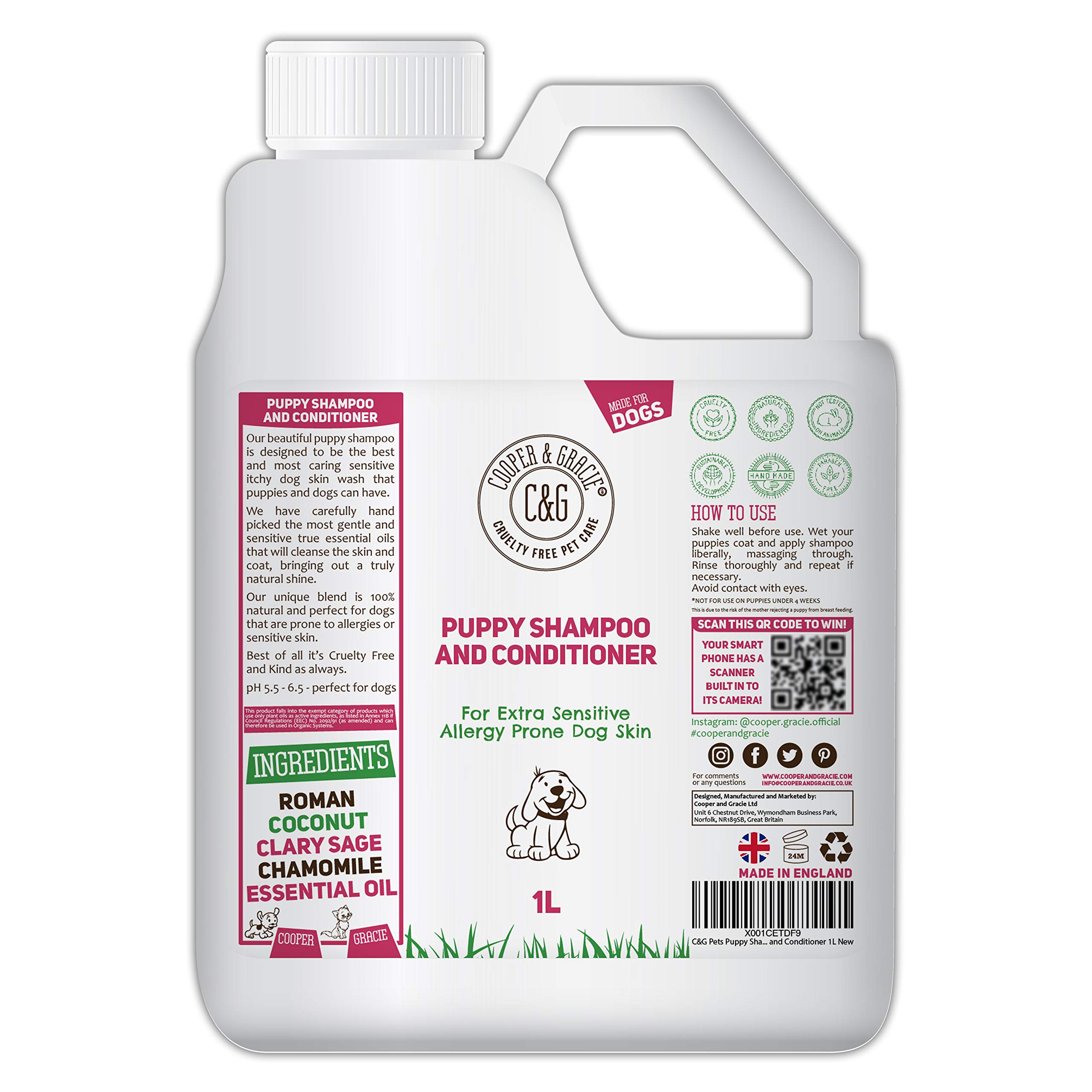 C&G Pets | PUPPY SHAMPOO 1L | FOR SMELLY DOGS WITH ITCHY SENSITIVE SKIN | MEDICATED CONDITIONER PUPPY SAFE | EFFECTIVE FOR ALLERGY PRONE DOG SKIN | HEALTHY SHINY COAT | NATURAL ESSENTIAL OIL