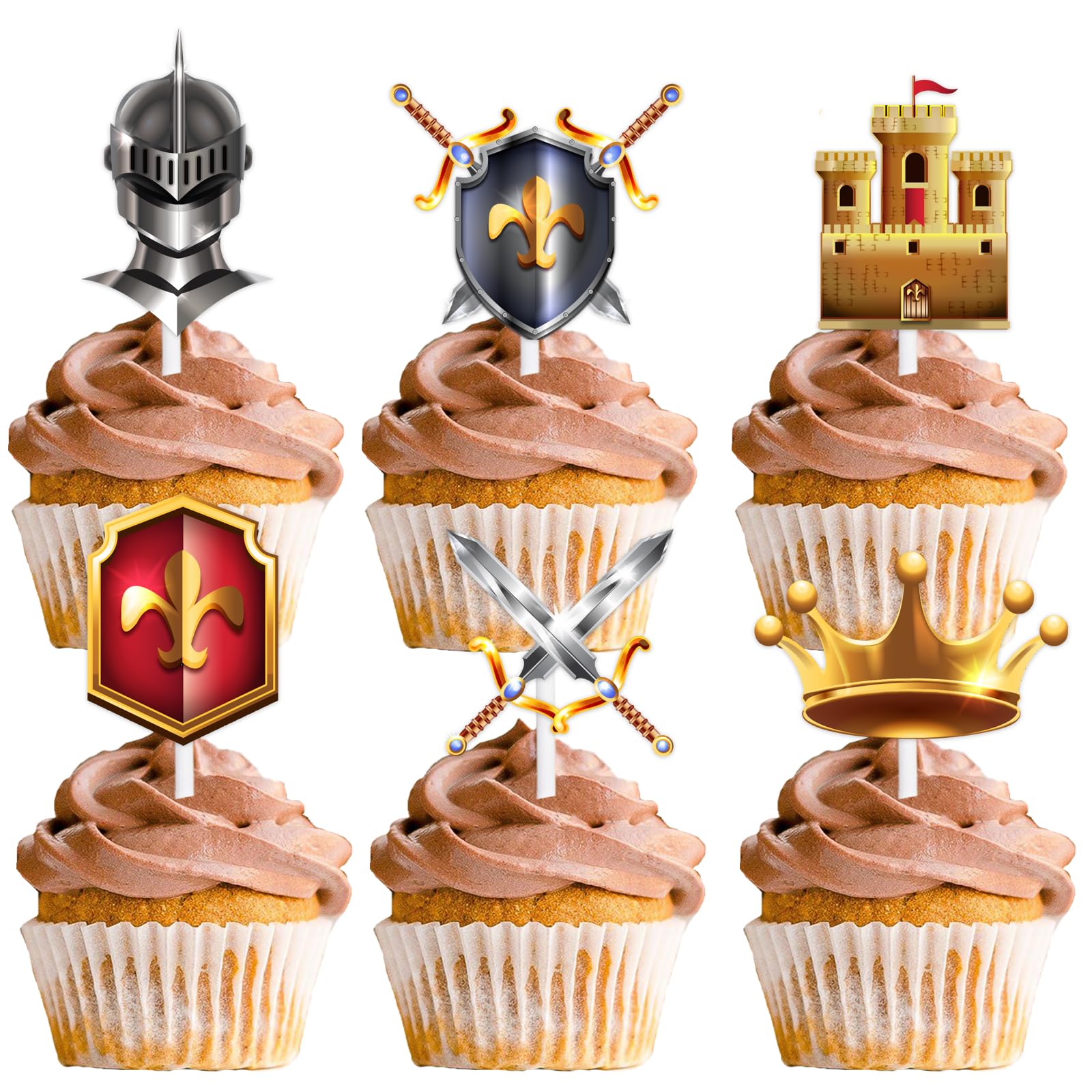 Photo 1 of 18pcs Gold Glitter Dessert Cupcake Topper Medieval Knights Theme Decorations Men Boys Happy Birthday Party Decor Supplies