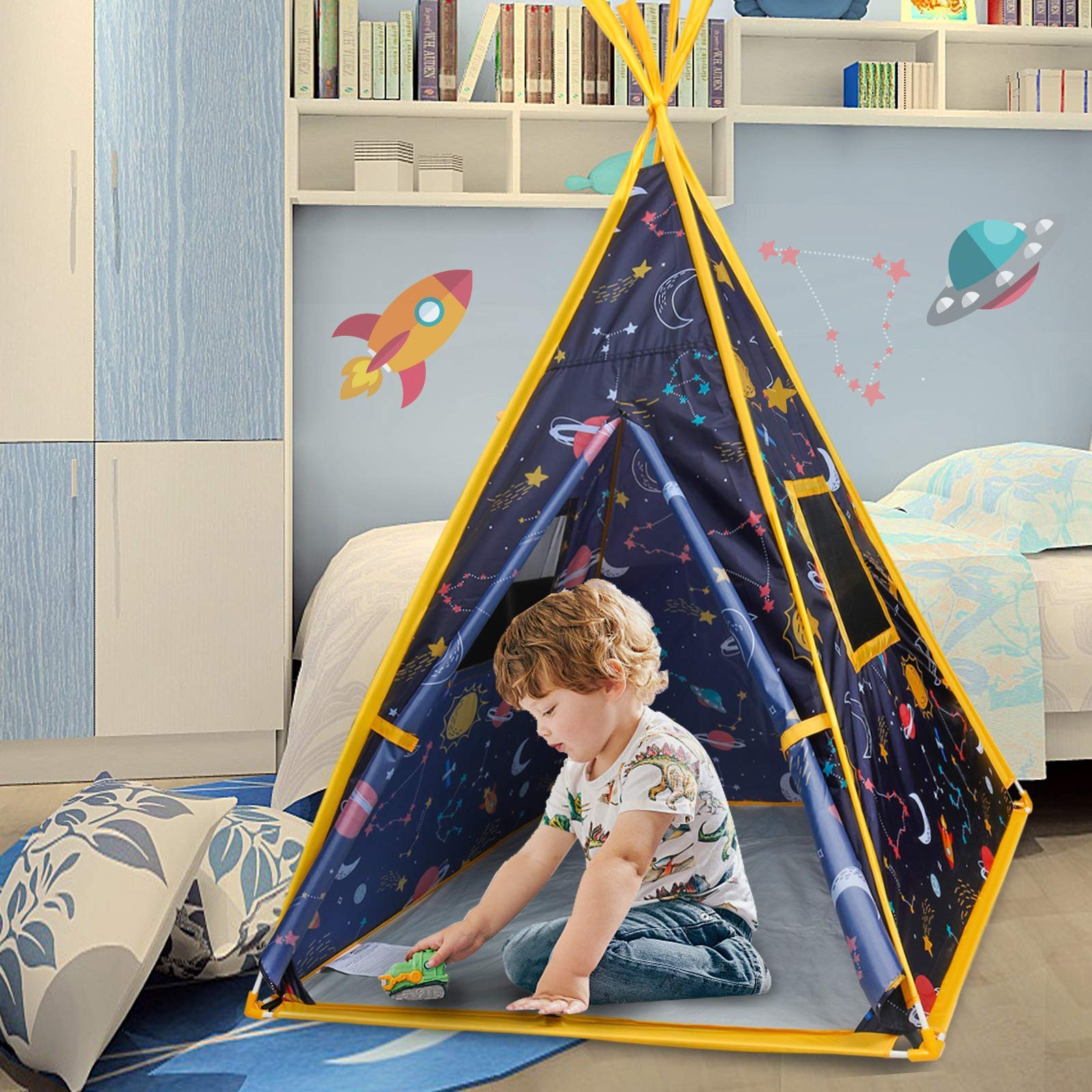 Kids Teepee - 44'x44'x61' Happy Hut Space Play Tent, Indoor/Outdoor Playhouse, Indian-Style Teepee for Boys & Girls