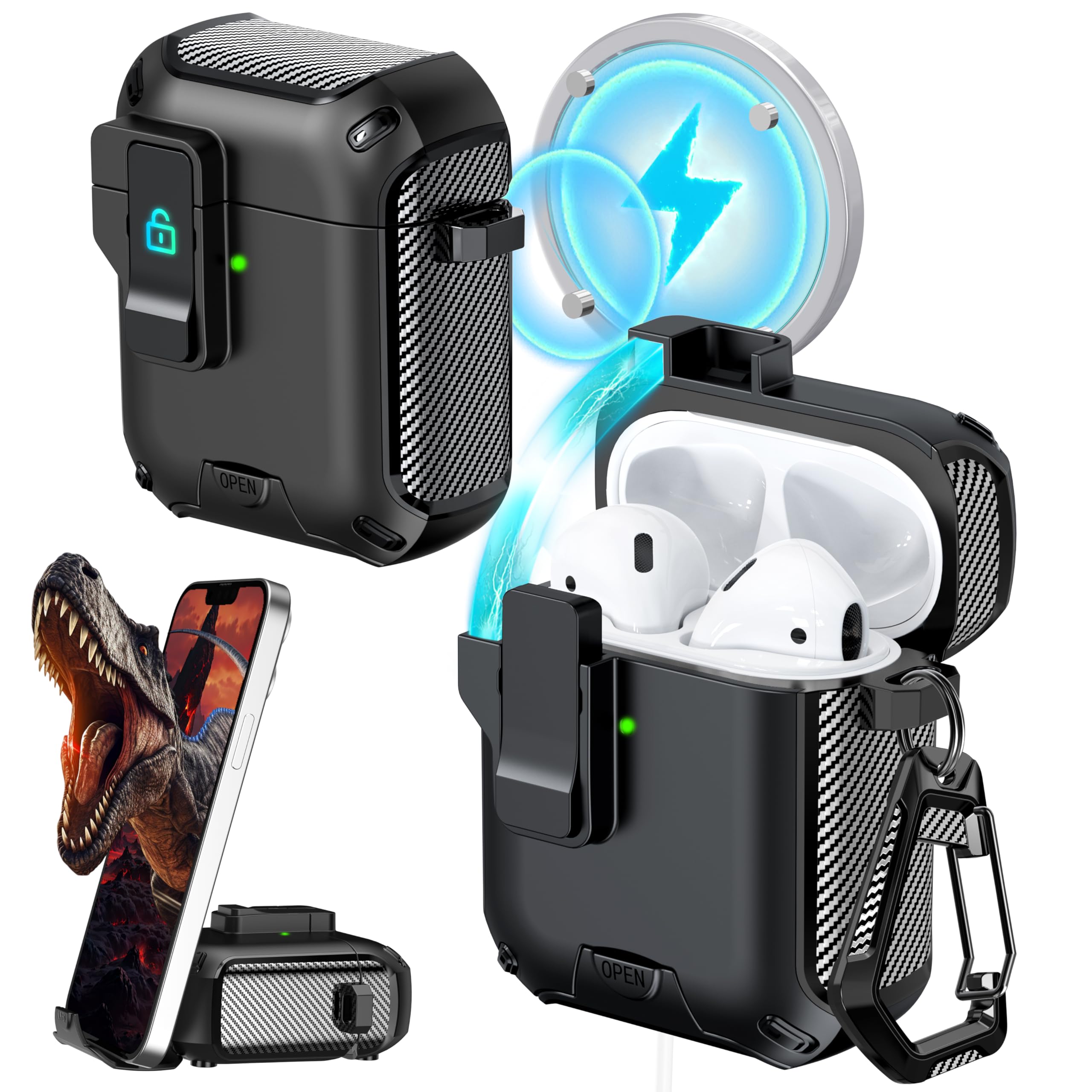 Photo 1 of RFUNGUANGO for Airpods 2nd and 1st Generation Cases, Compatible with MagSafe, Drop Protection Case with Stand Function with Cleaning Tool, Full Body Shockproof Hard Case -A-Black