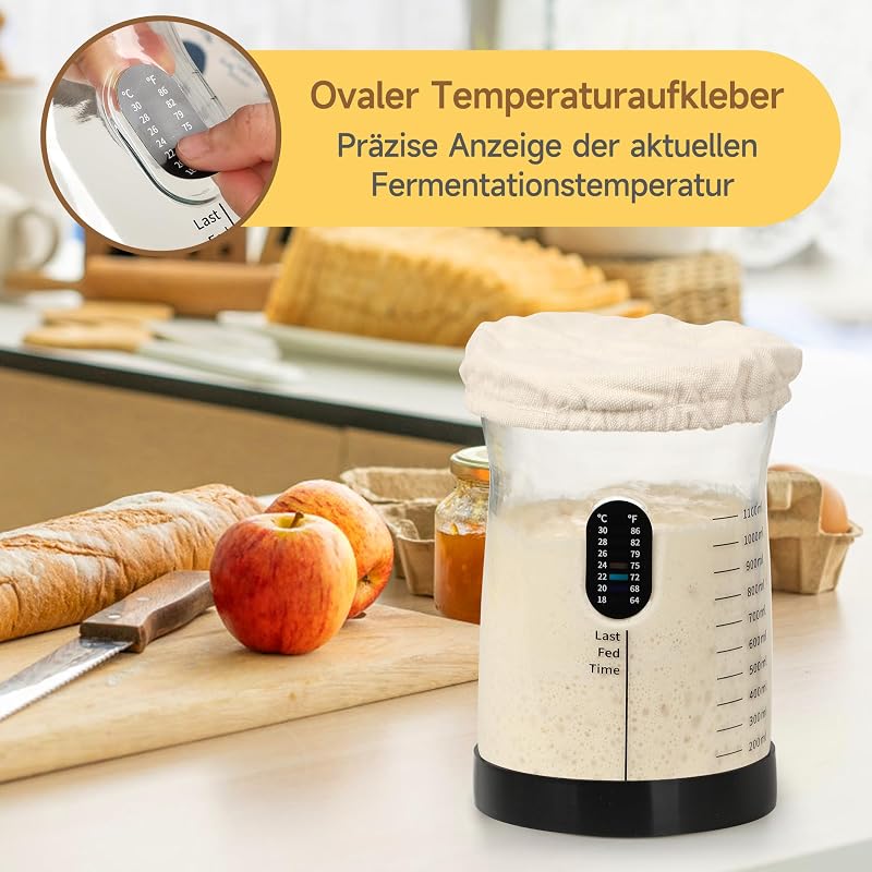 Pro - Set de iniciación de masa madre de 1,5 l de cristal grande con 17 recetas, accesorio para iniciar masa madre para hornear pan y fermentación (2 unidades) — foto 8 de 8