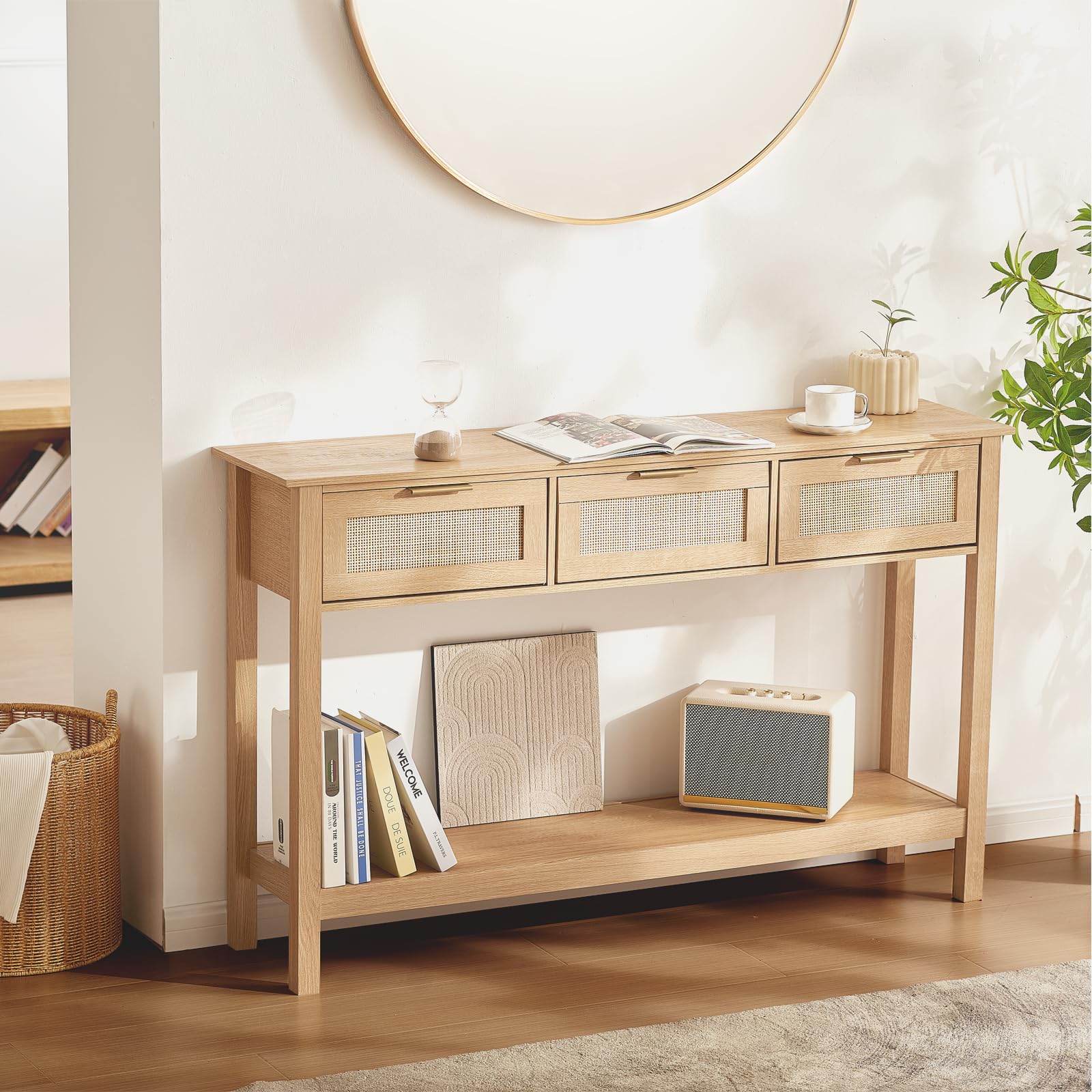 VEVOR Rattan Console Table with 3 Storage