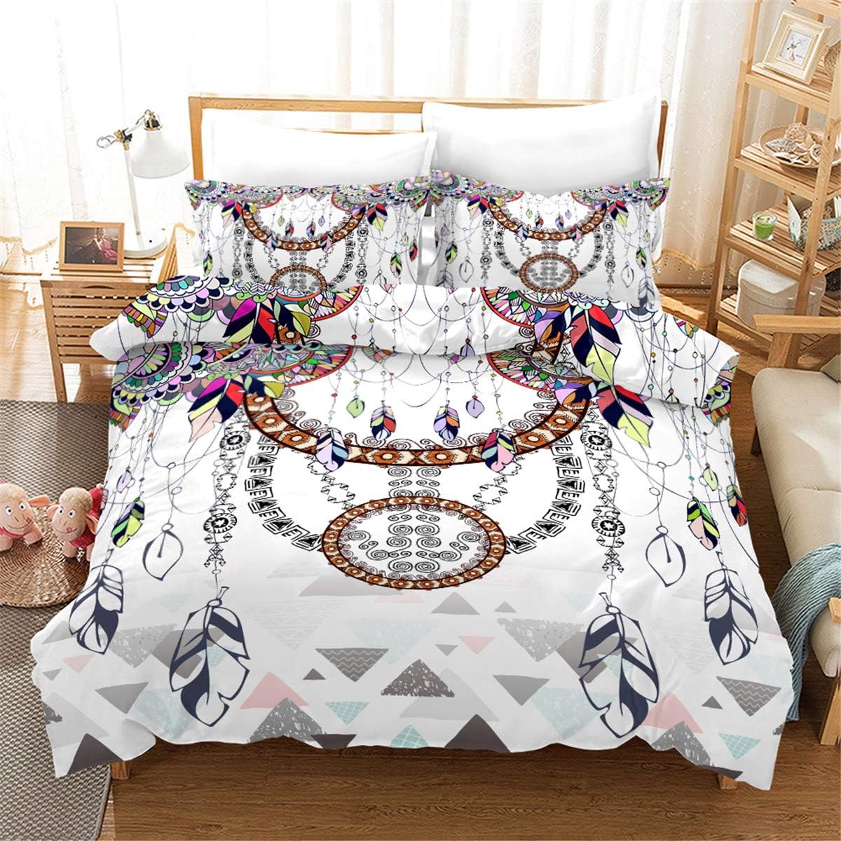 Odot Duvet Cover Set 3 Pieces 3D Dreamcatcher, Bedding Set Single Double Super King Boys Girls Soft Microfiber Printed Zipper Anti-Allergic Quilt Cover Pillow Cases (220x240cm,Feather)