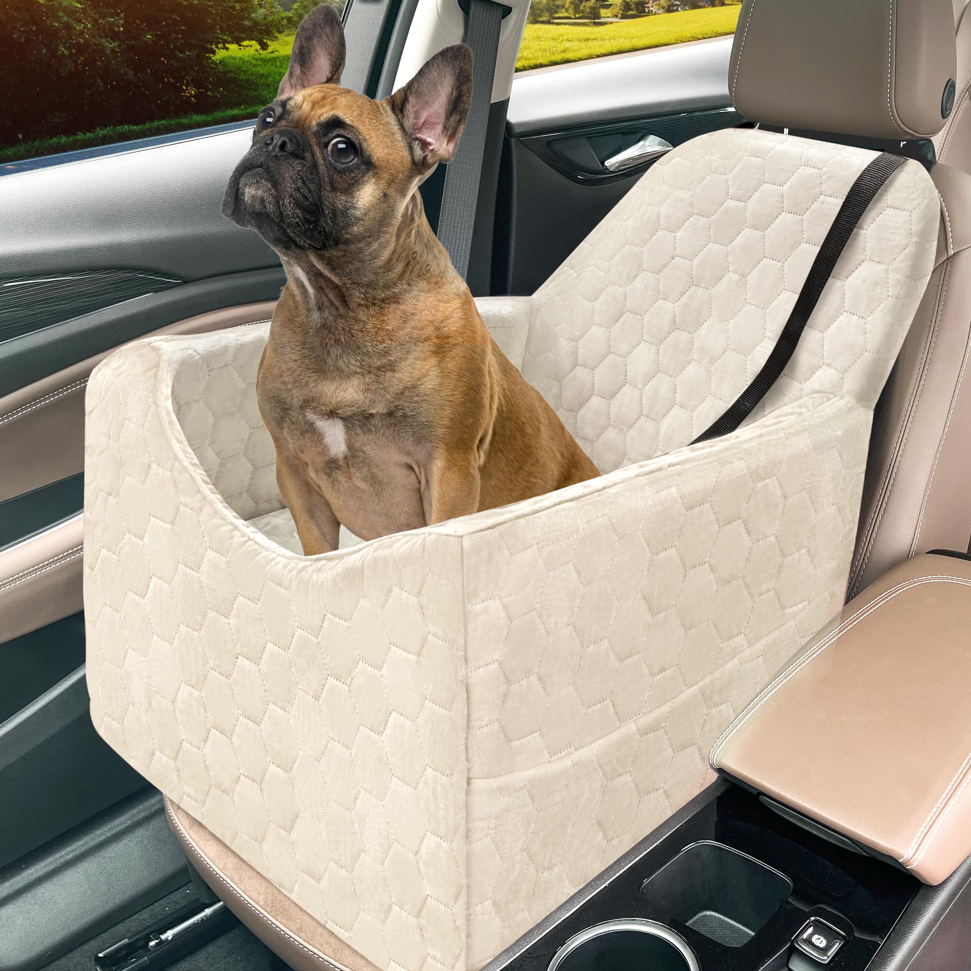 Dog Car Seat for Small/Medium Dogs, Memory Foam Dog Booster Seat, Travel Safety Per Car Seat with Washable Removable Cover, Storage Pockets for Dogs up to 35 lbs (White, Small) Image