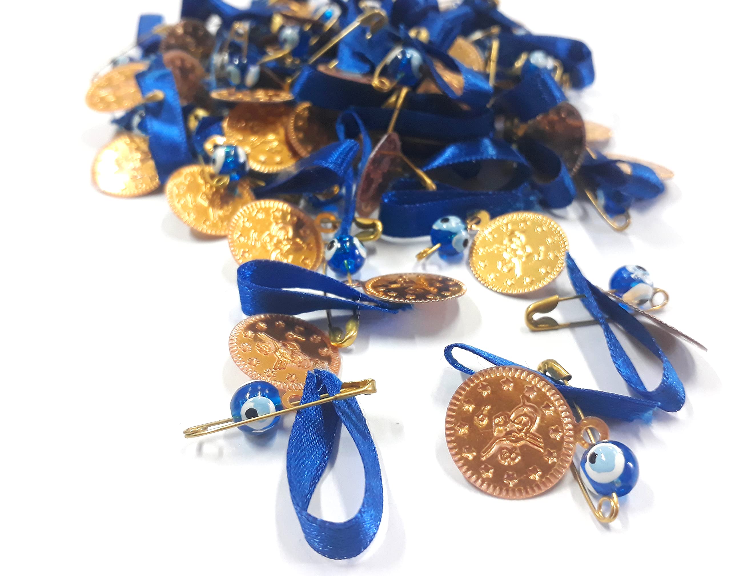 Nazar Boncuk 100pcs Metal Enamel Beads with Tugra Coin Beads, Safety Pin and Lanyard, Lucky Evil Eye for Wedding Gifts (Blue)