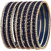 Efulgenz Indian Bangles Set - Wedding Bangles with Rhinestone CZ Plain Metal Bracelet for Women