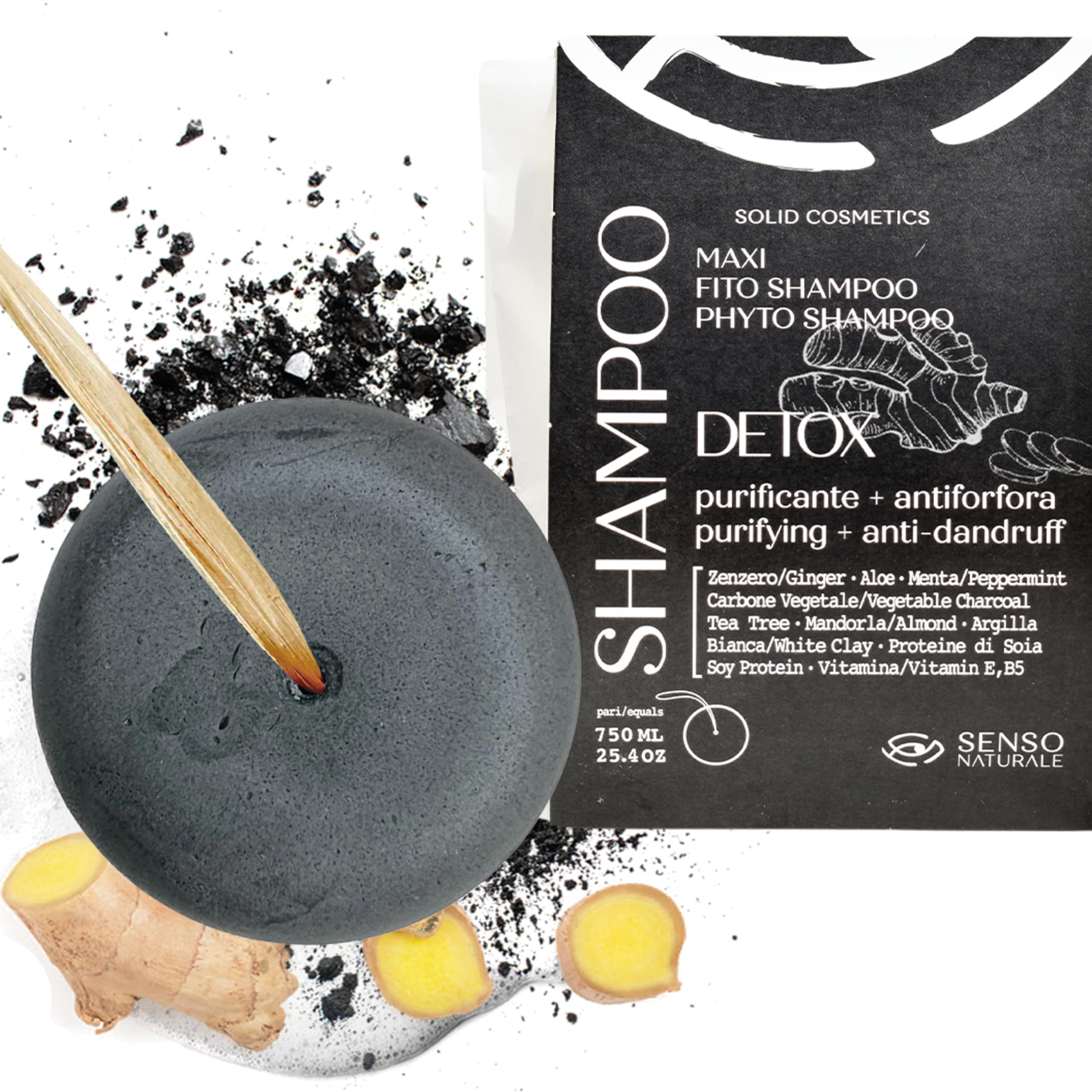 Senso Naturale Solid Shampoo Detox Purifying Anti-Dandruff and Seborrheic Dermatitis for Oily Hair with Vegetable Charcoal, Tea Tree, Ginger, Coconut Oil, Non-Drying, PH 4.5-5.0 (1) โ image 1