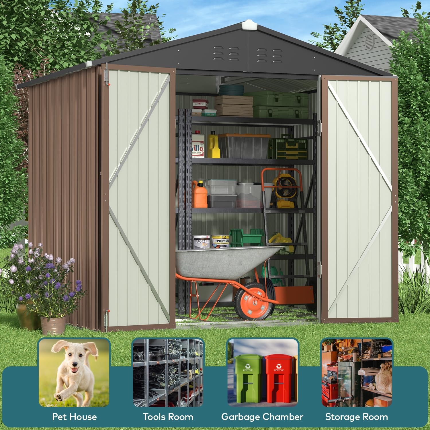 Gizoon Outdoor Storage Shed 6 x 4 FT with Metal Base Frame, Galvanized