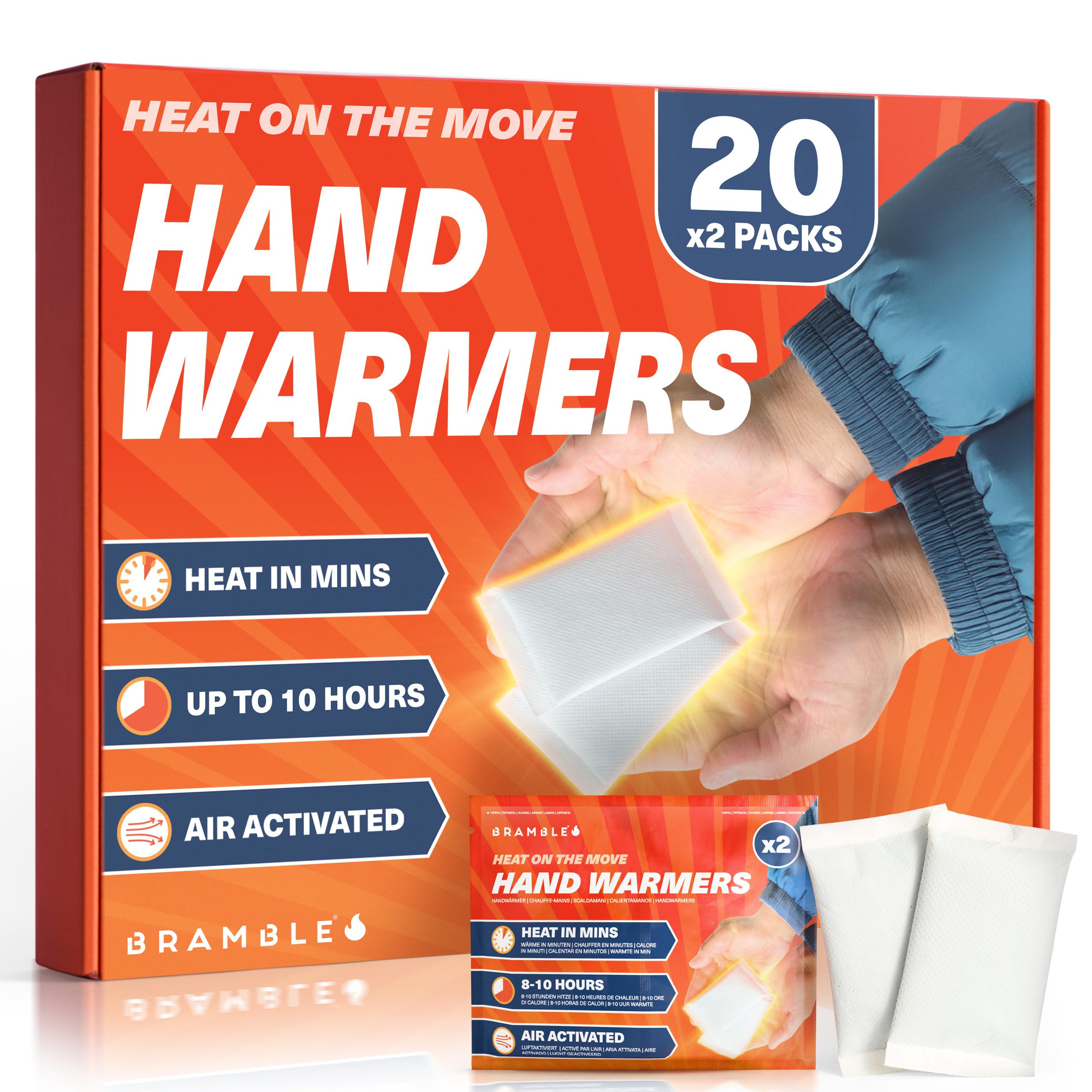 Bramble - Hand Warmers (20 Pairs, 40 Total) - Air Activated Pocket Warmers for Outdoor Activities - Warm in Minutes & Odour-Free - Up to 10 Hours of Heat