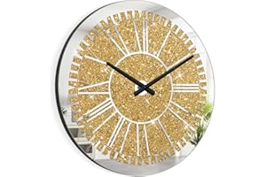 Large Wall Clocks for Living Room Decor Diamond Crushed Crystal Glass Round Wall Clock Sparkle Twinkle Bling Gold Diamond Dec