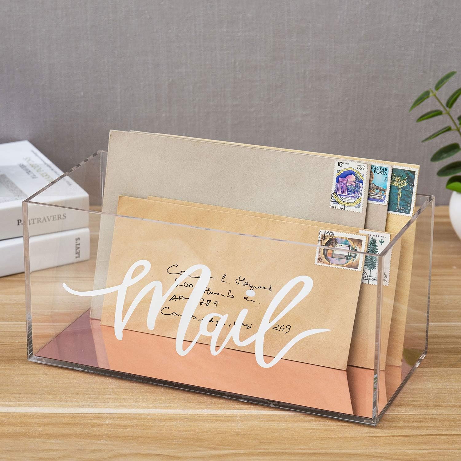 MyGift Home Office Clear Acrylic Tabletop Mail Sorter Storage Holder Box with Rose Gold Mirror Base : Office Products
