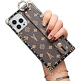 NIUJNE Rectangle Designer Luxury Case for iPhone 12 Leather with Wristband Strap Hand Holder Ring Kickstand Silicone Shockproof Protective Bumper Trunk Box for Women Girls (Brown, iPhone 12/12 Pro)