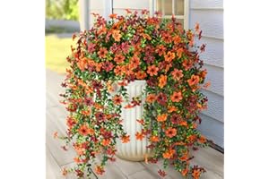 INQCMY Artificial Fall Fake Flowers for Outdoor Fall Decoration,2 Pcs Faux Hanging Flowers Outdoor Fall Decor,UV Resistant Look Real Faux Mums Silk Flower for Outside Home Porch Patio Yard Balcony Planter