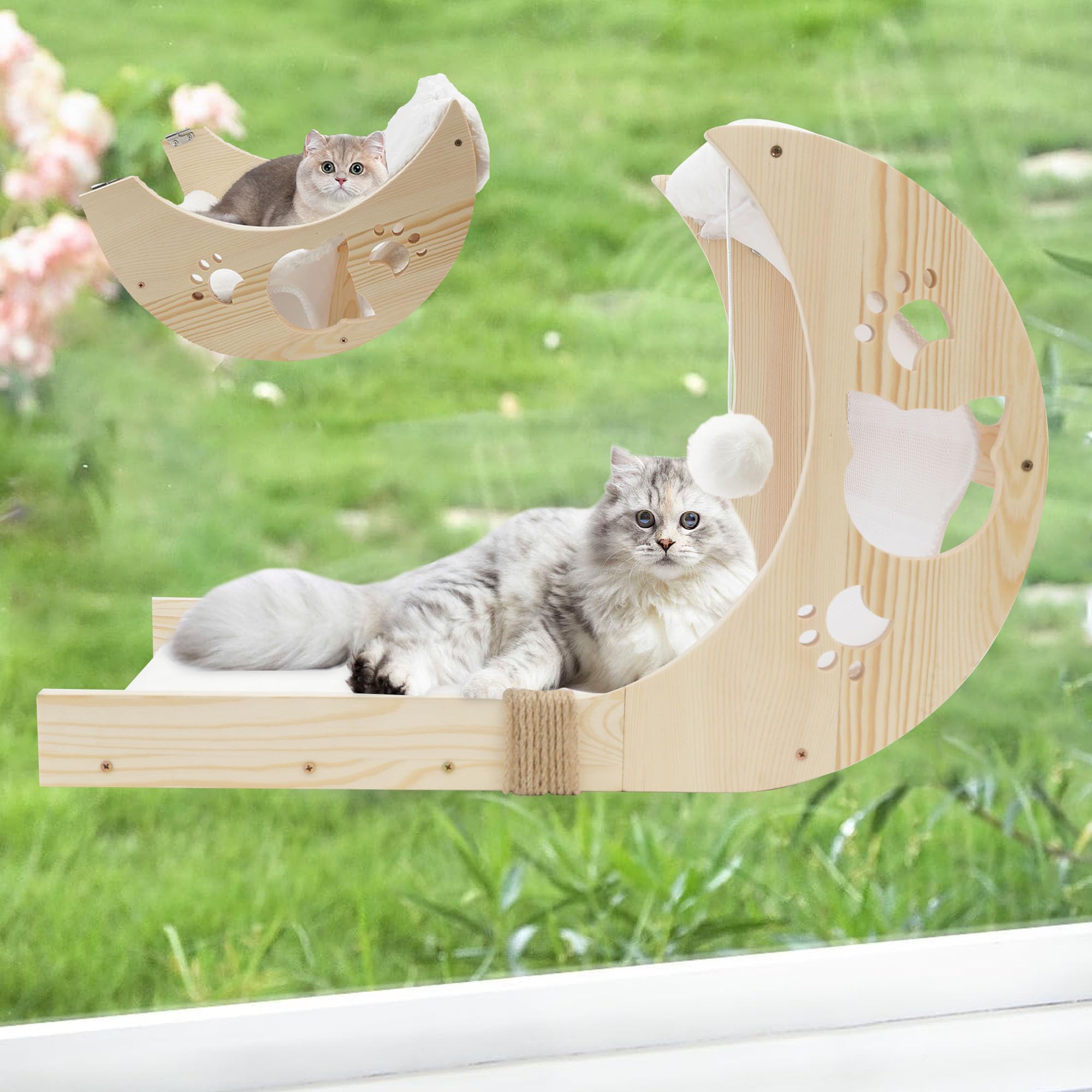 Photo 1 of Cat Window Perch with Detachable Ladder-Wodden Cats Bed for Indoor with Double Side Velcro Cat-Mat, Moon CatWindow Seats Mounted with 7pcs Strong Suction Cups for Sleep and Rest