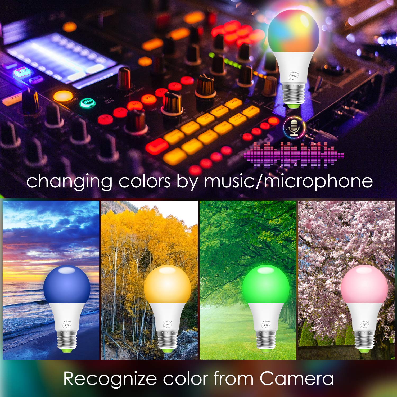 WiFi Dimmable Smart Light Bulb- Bistee Smart WiFi Bulb E26 7W RGBW Dimmable Smart Color Light Bulb with Remote Control 500 lm Compatible with Alexa Google Home,No Hub Required, 2 Pack LED Bulbs