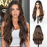 purshine Long Wavy Highlights Brown Wig for Women, Natural-Looking Middle Part Heat Resistant Synthetic Wig for Daily Use