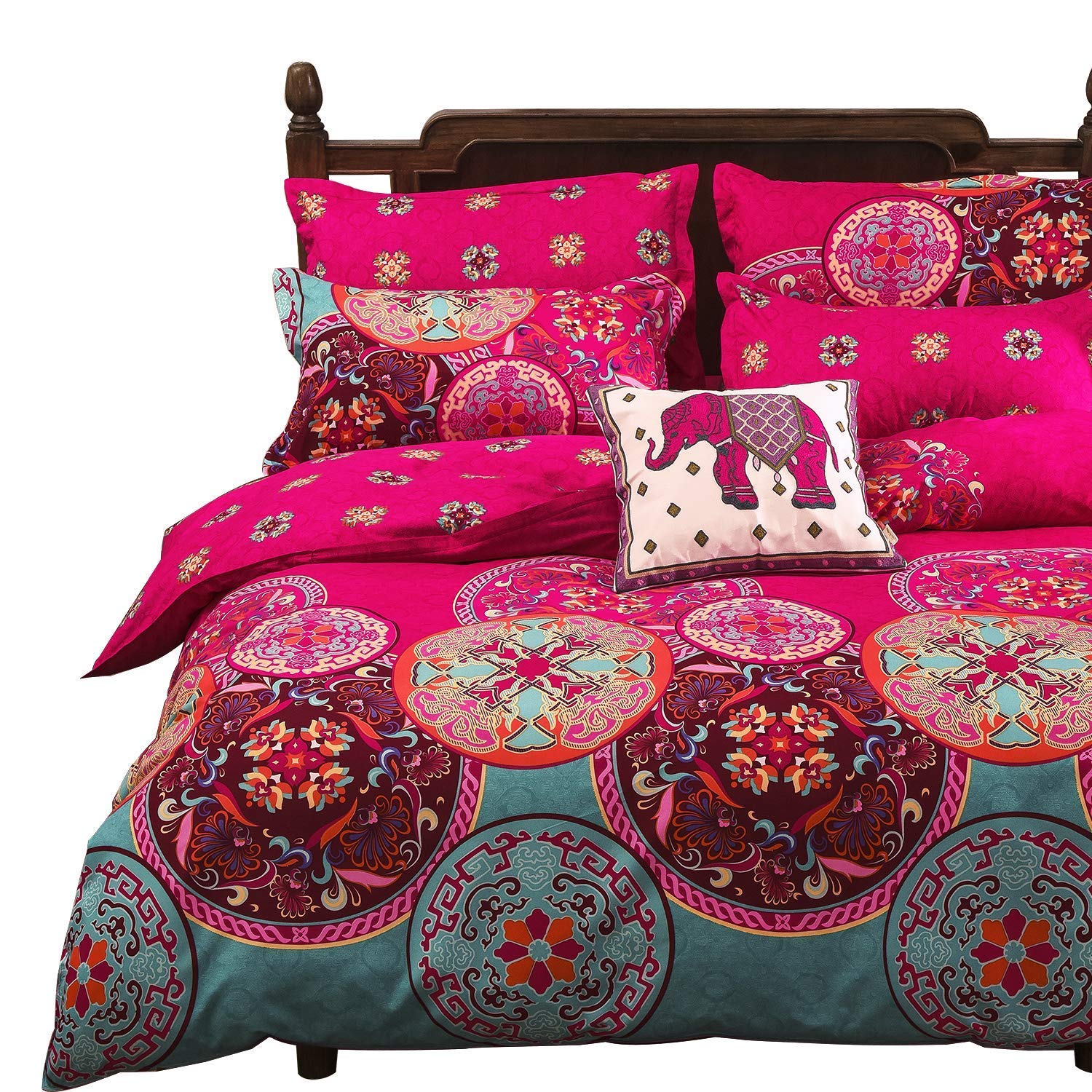 Vaulia Lightweight Microfiber Duvet Cover Set, Bohemia Exotic Patterns Design, Bright Pink - Double Size