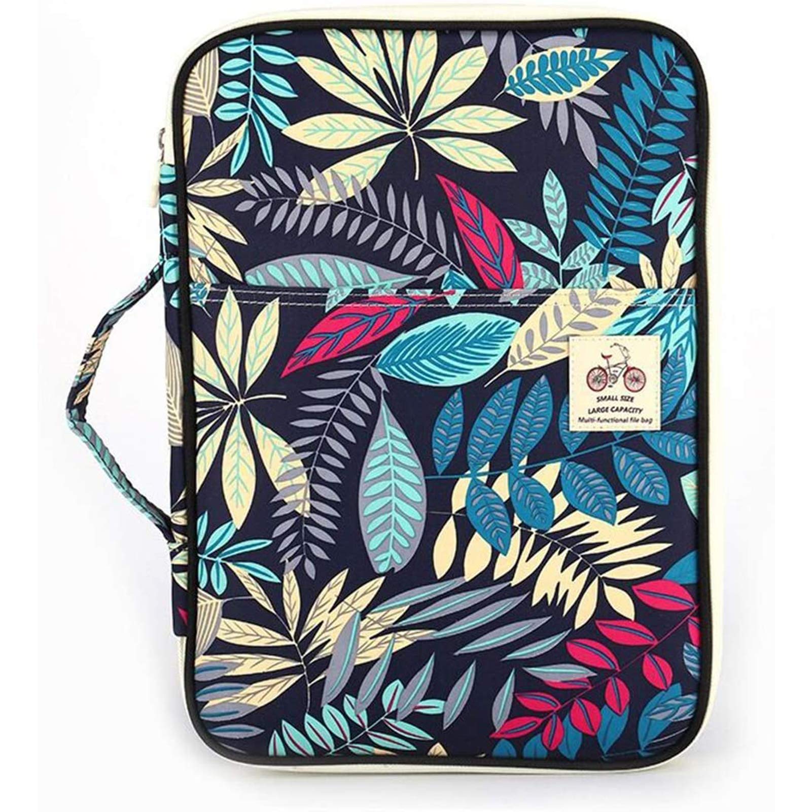 JAKAGO A4 Portfolio Conference Folder Waterproof Business Document Case Passport Holder Ipad Sleeve with Zip and Handles for Travel Meeting Office Holiday (Dark Blue Leaf)