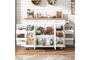 GITUA 55" W Rolling Kitchen Island with Drop Leaf – Movable Kitchen Carts on Wheels Island with Storage Cabinet, Island Table for Kitchen with Rubber Wood Top and Rack and Drawers, Matte, White