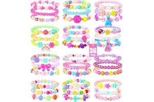 PinkSeep Beaded Bracelets for Kids- 12 Pack 36 PC, Little Girl Plastic Bracelets, Flower Butterfly Pink Bracelet, Party Favor