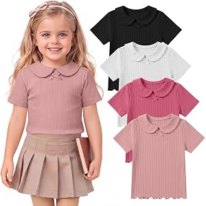 Yooo's Vivi Toddler Girl Collared Shirts | 4 Pack, Baby Doll Collar Tops, Short Sleeve Blouse, Ribbed, Bow, Lettuce Trim, Cas
