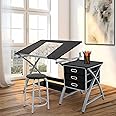 HomGarden Drafting Table w/Stool Height Adjustable Art Desk with 3 Storage Drawers for Home Office Drawing Desk for Artist Painters Drawing, Writing, Reading,Black
