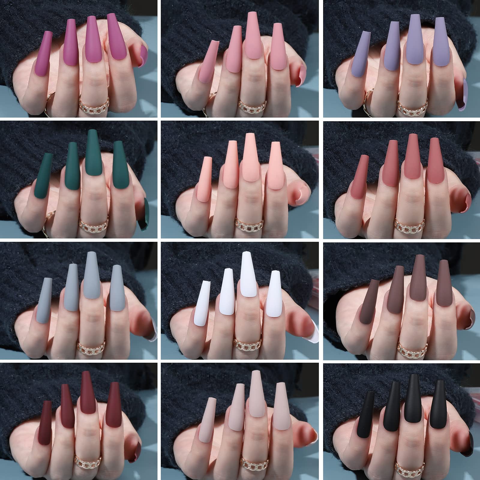 FANDAMEI Matte Press On Nails Long Coffin, 12 Color 240PCS Full Cover Long Ballerina Fake Nails, Acrylic False Nail Tips with 10g Nail Glue, 12 Solid Color False Nail for Women Girls Nail Art DIY - Image 7