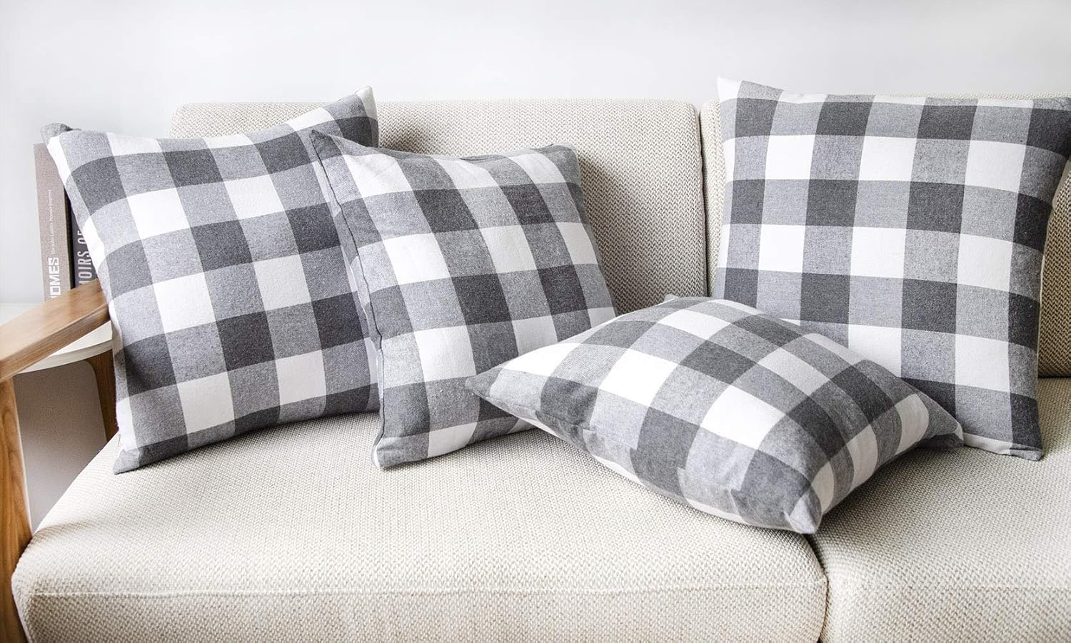 4TH Emotion Set of 2 Farmhouse Buffalo Check Plaid Throw Pillow Covers Cushion Case Cotton Polyester for Sofa Grey and White, 18 x 18 Inches: Home & Kitchen