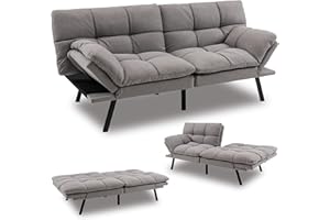 KOMFOTT Futon Sofa Bed, Linen Fabric Memory Foam Convertible Futon Couch with Adjustable Backrest & Armrests, Metal Legs, Modern Loveseat Sleeper Bed Split-Back Sofa for Small Apartment & Office