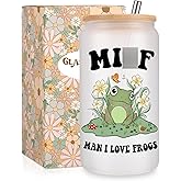 Fairy's Gift Frog Themed Cup, Cute 16 oz Frosted Iced Coffee Glass Cups w/Lids Straws, Valentines Birthday, Funny Glass Tumbler Mug Stuff, Frog Gifts for Women Mom Wife Pregnant Friend Girlfriend Man