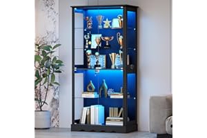 Display Cabinet with Glass Doors, 5 Tier Curio Cabinet for Collectibles, Large Display Case with Human Sensor 3 Color Lights,