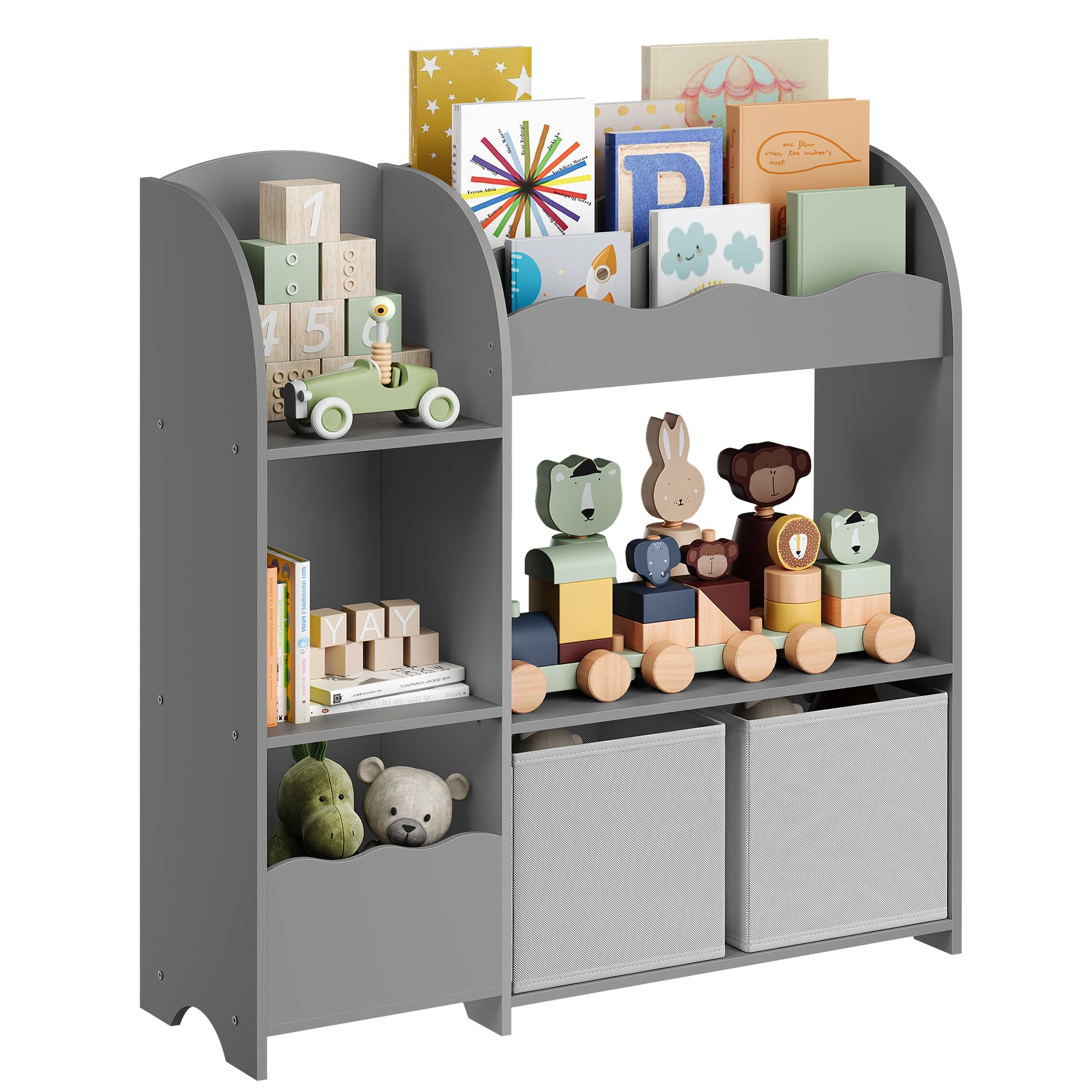 SONGMICS Toy and Book Organizer for Kids, Kids Bookshelf and Toy Storage, Storage Organizer with 2 Storage Boxes, for Playroom, Children's Room, Living Room, Dove Gray UGKR042G01 Image