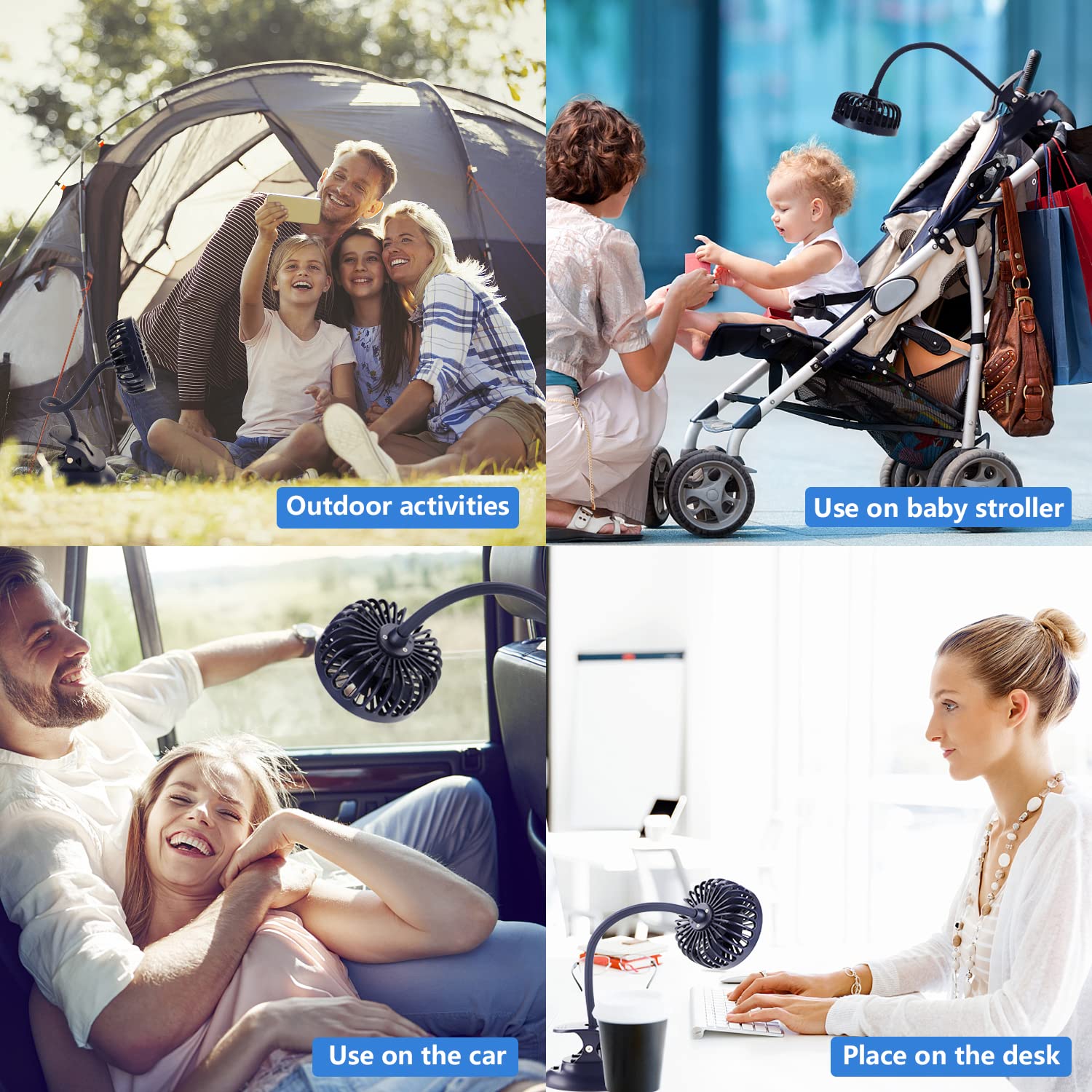 Clip on Small Mini Fan, Portable Usb Battery Operated Rechargeable Quiet Personal Desk/ Baby Stroller Fan 3 Speeds Flexible Neck Great for Bed Office Car Dorm Travel Camping Beach