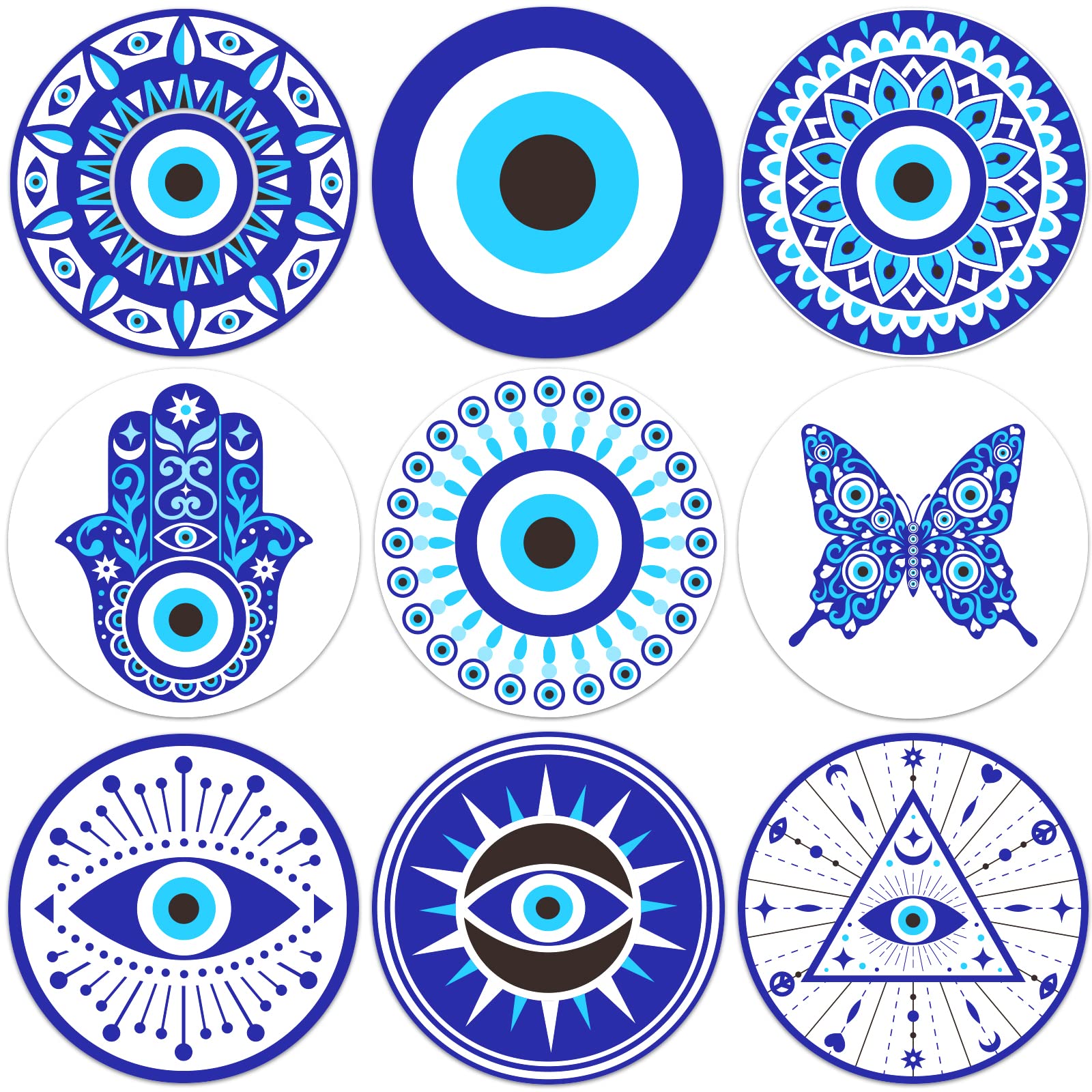 BENECREAT 9Pcs Evil Eye Wood Coasters, Butterfly Mandala Flower Wood Drink Coaster Coffee Cup Mat for Kitchen Table Bar Cup Home Dining Decor, 10cm Diameter, 5mm Thick