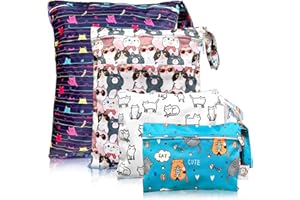 FLOCK THREE 4pcs Waterproof and Reusable Wet Bag Diaper Stroller Water Resistant Swimsuit Travel Toiletries Yoga Gym Washable Carrier Small Medium Large Cat 4 Pack