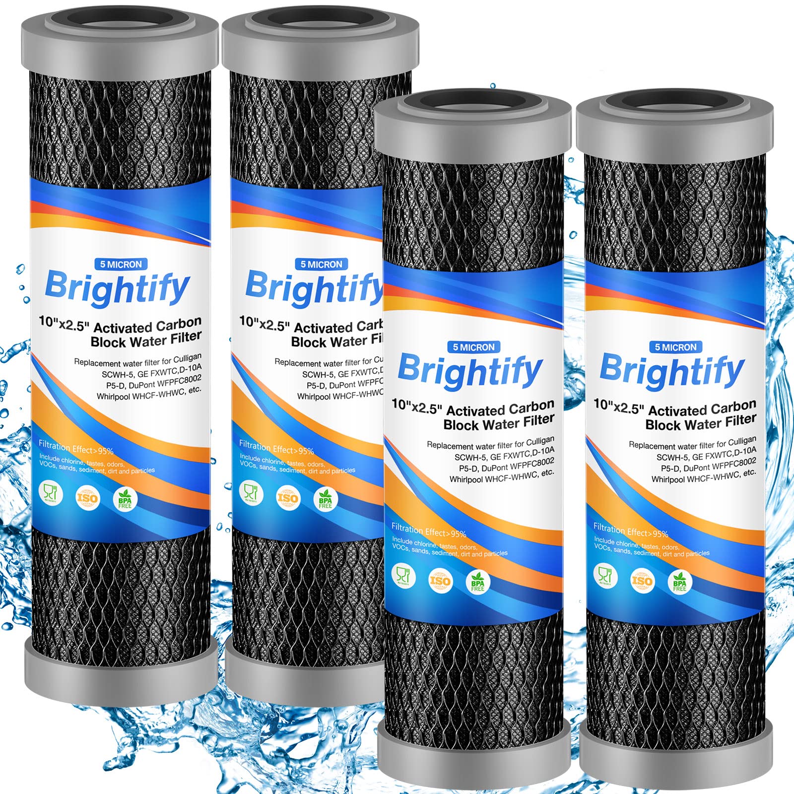 Photo 1 of Brightify 10"x2.5" 5 Micron Carbon Water Filter, Whole House Carbon CTO Water Filter Cartridge Replacement Fits Culligan D-10A, P5-D, DuPont WFPFC8002, SCWH-5, GE FXWTC, Whirlpool WHCF-WHWC, 4 Pack