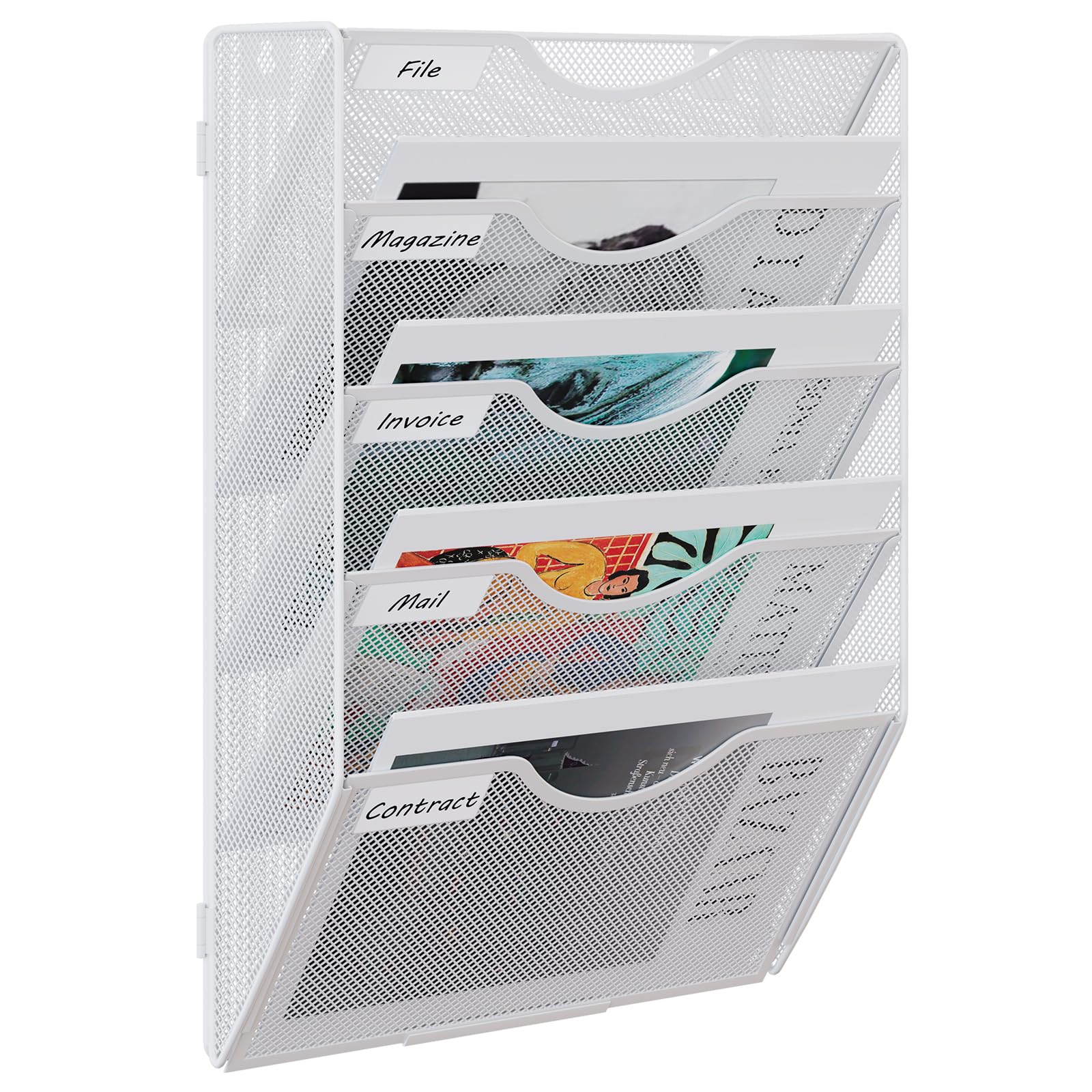EasyPAG 5 Tier A4 Mesh in Tray Assemble Wall Pocket File Holder Hanging Mail Organiser Magazine Storage Rack,White