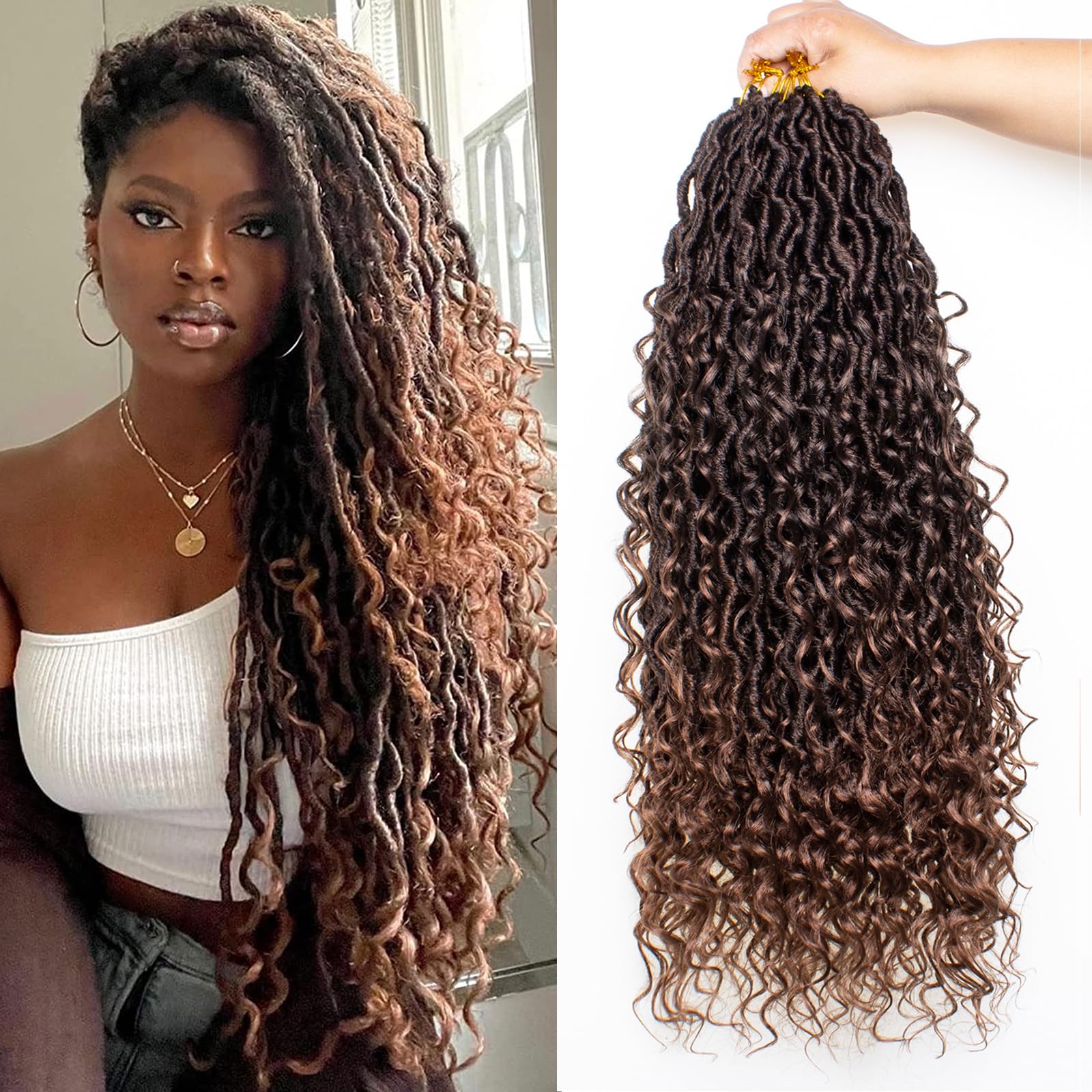 Mscat 18Inch 8 Packs Ombre Goddess Faux Locs Crochet Hair Soft Locs With Curly Ends Pre looped Hippie Locs Crochet Braids Hair Extensions (14Strands/Pack T30#)