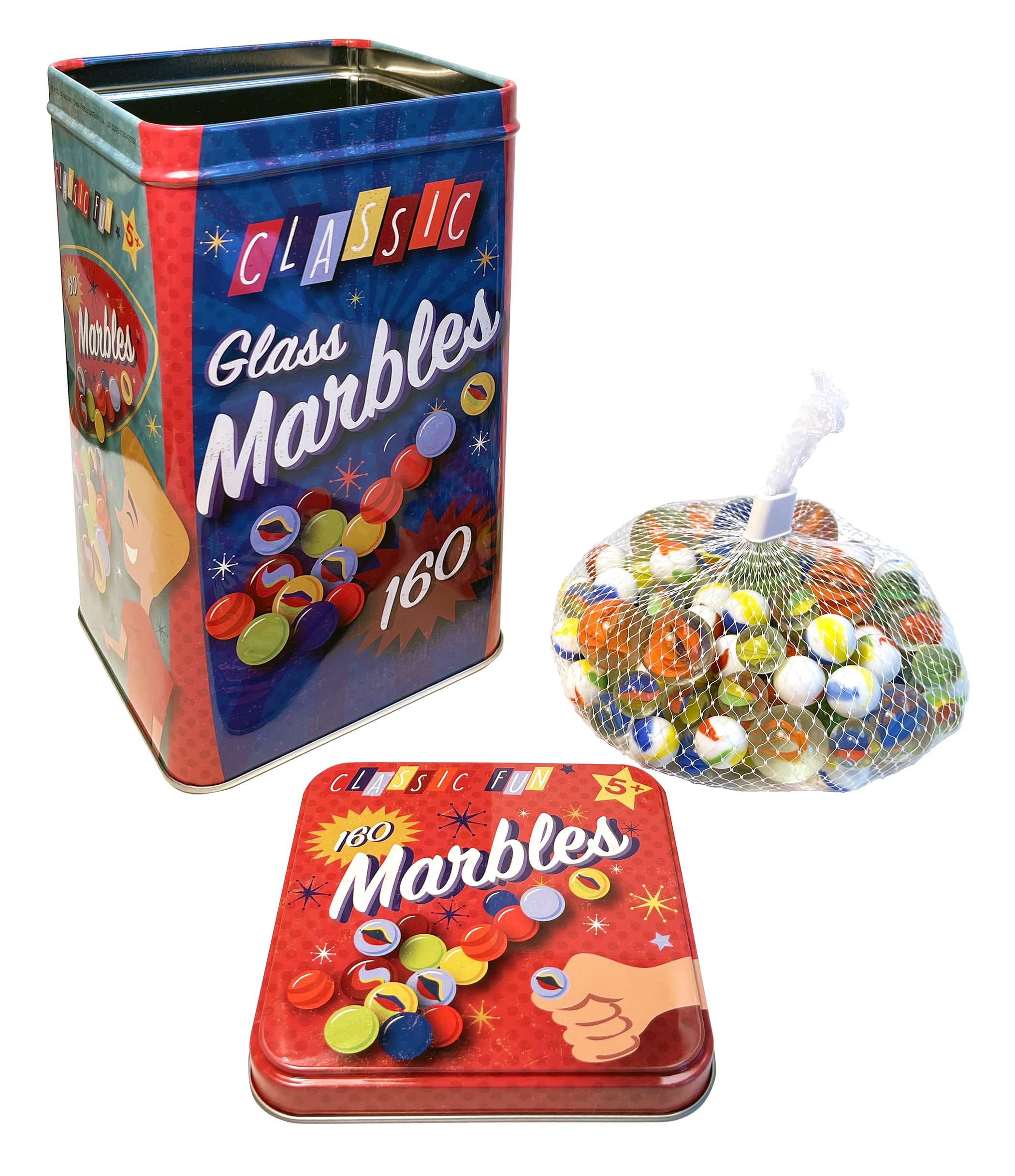 The Tin Box Company 160 Marbles in a Tin Box Nostalgia Toy, Marble Games and Collectibles, Tin 7.5