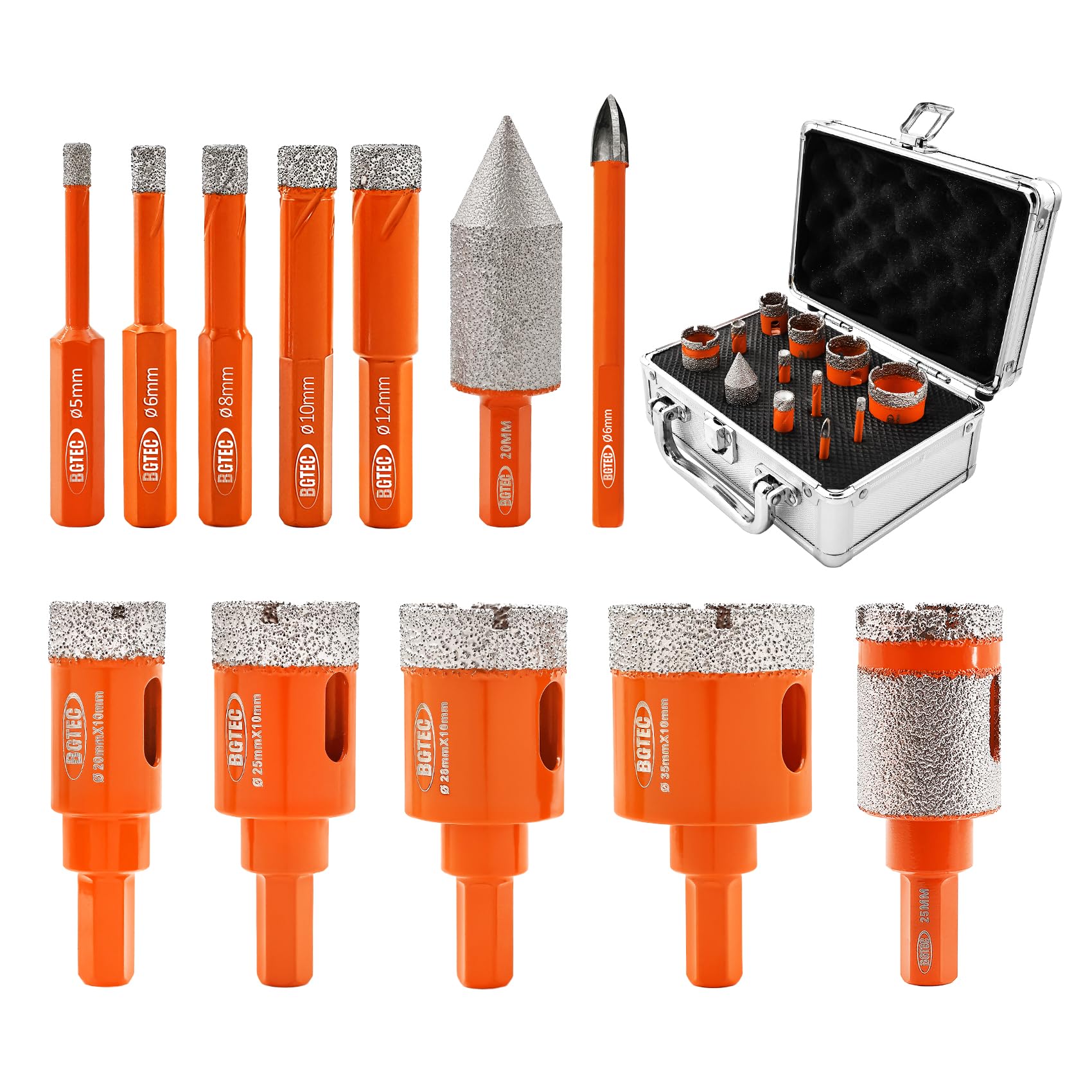 BGTEC Diamond Hole Saw Kit Marsonry Drill Bits,12pcs 5/6/8/10/12/20/25/28/35mm Hex Shank+6mm Carbide Drill+20mm Beveling Chamfer Bit+25mm Milling Finger Bit for Granite Marble Porcelain Tile Ceramic