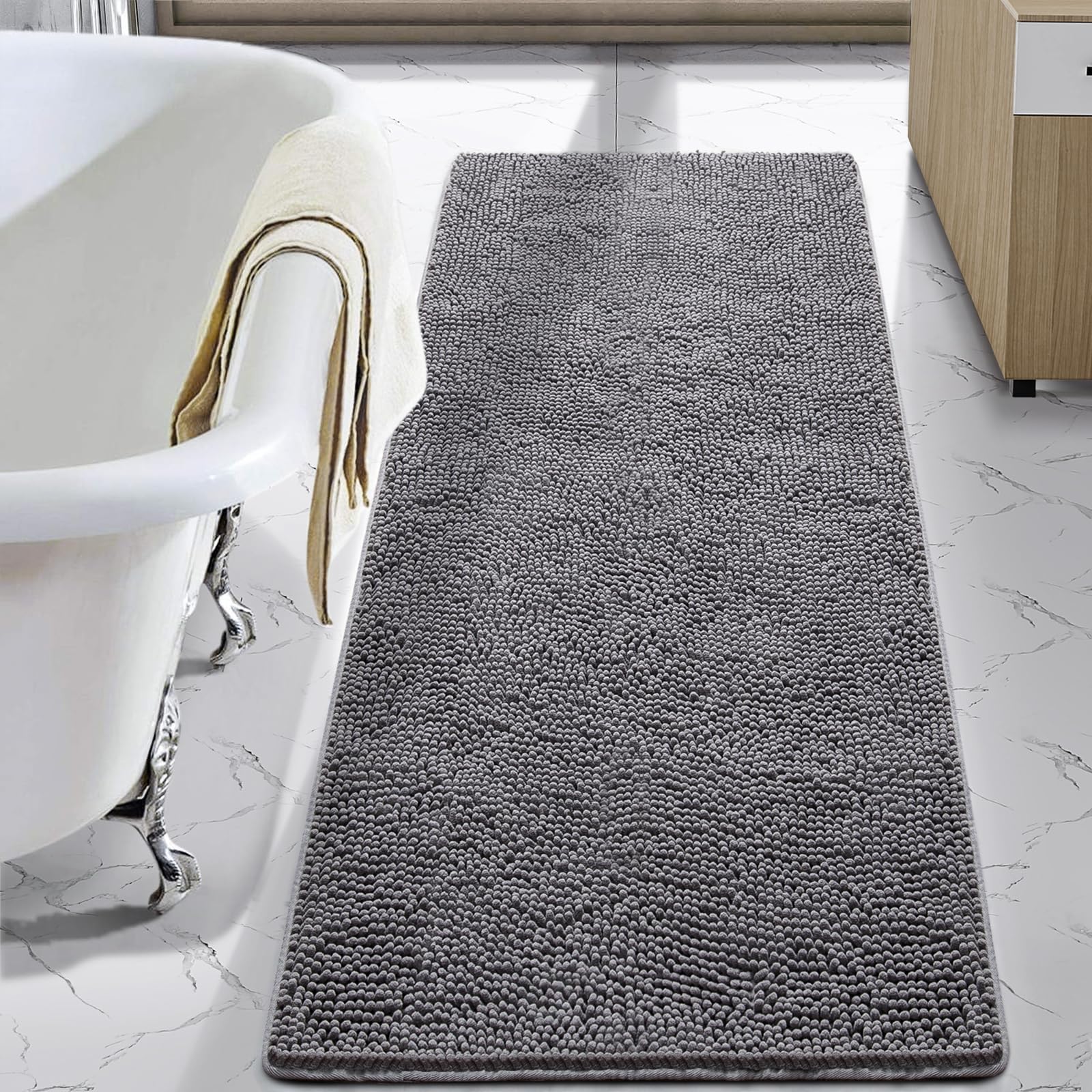 Photo 1 of LOCHAS Luxury Bathroom Rug Shaggy Bath Mat 24 x 60 Inch, Washable Non Slip Bath Rugs for Bathroom Shower, Soft Plush Chenille Absorbent Carpets Mats, Gray