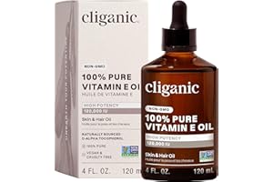 Cliganic 100% Pure Vitamin E Oil for Skin, Hair & Face - 120,000 IU, Non-GMO Verified | Natural D-Alpha Tocopherol
